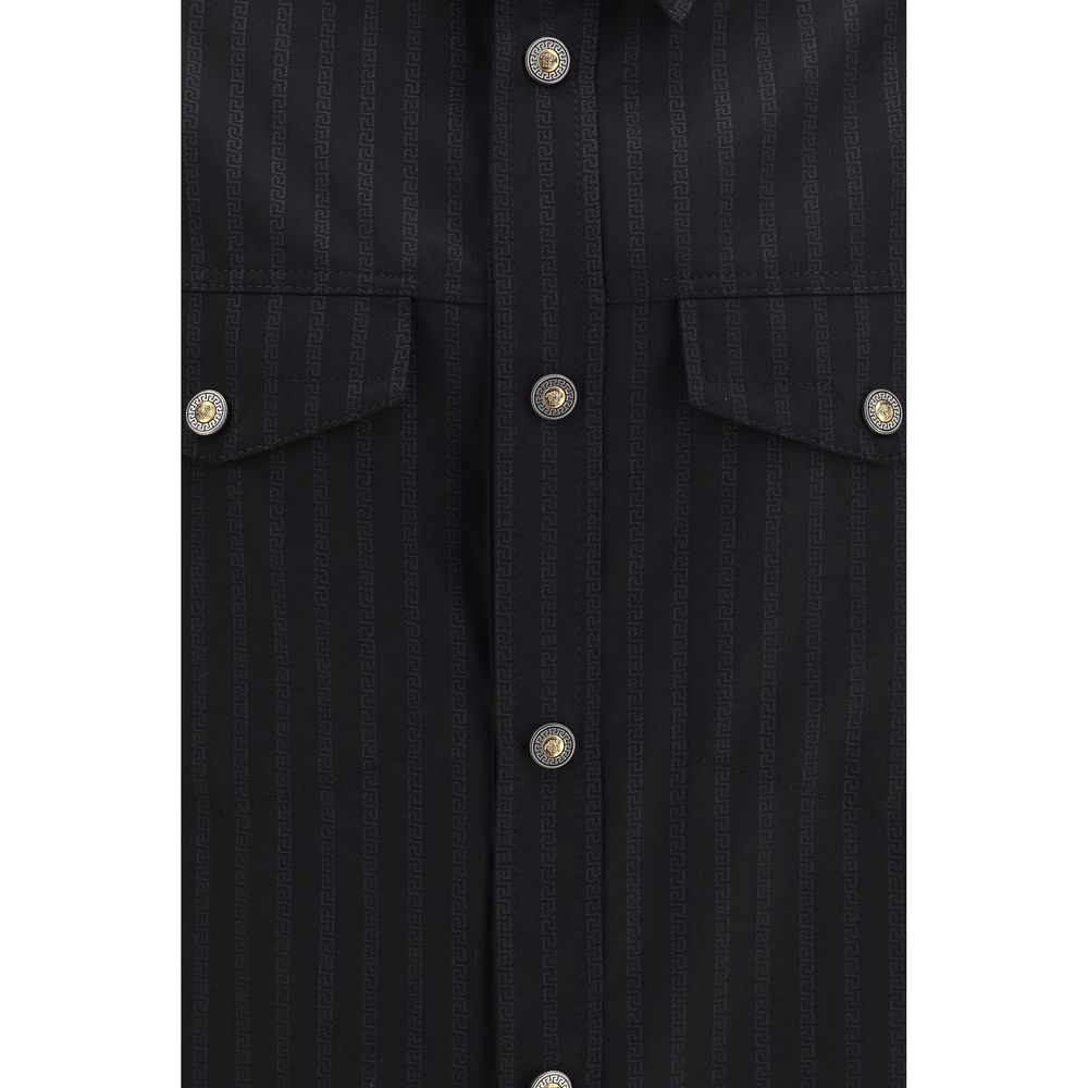 Versace sort skjorte i merinould med Greca Monogram-jacquard