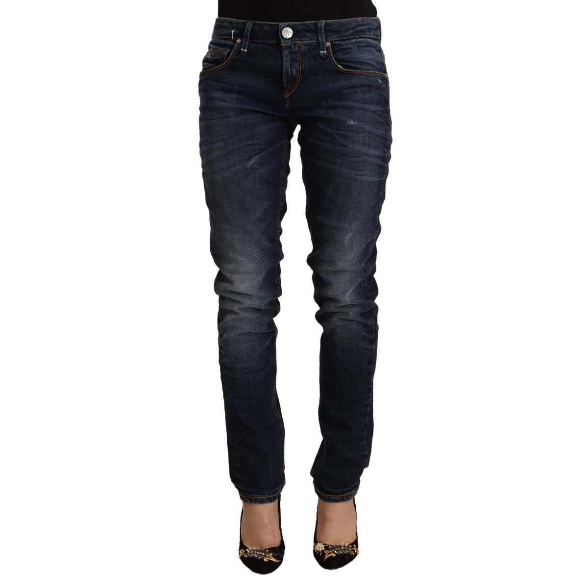 Acht Blue Washed Cotton Mid Waist Skinny Denim Jeans