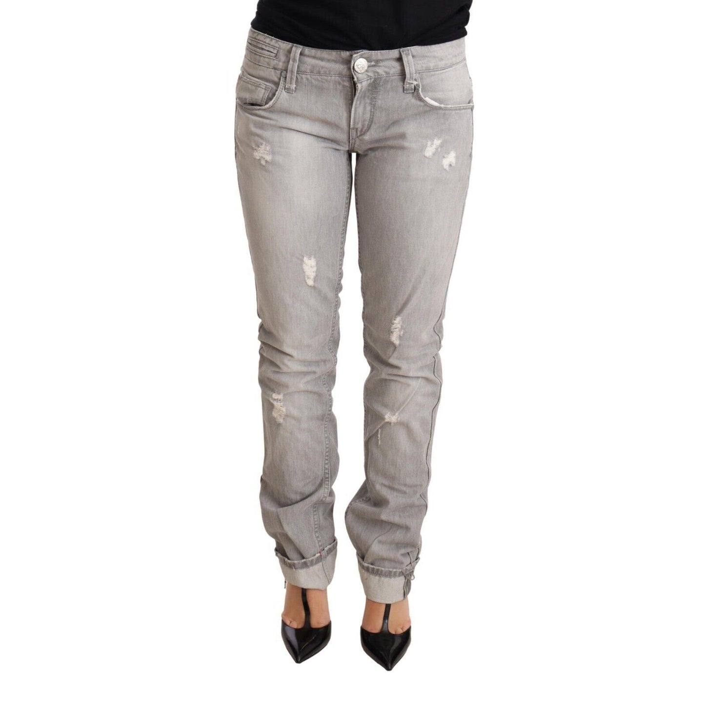 Acht Gray Tattered Cotton Slim Fit Folded Hem Women Denim Jeans