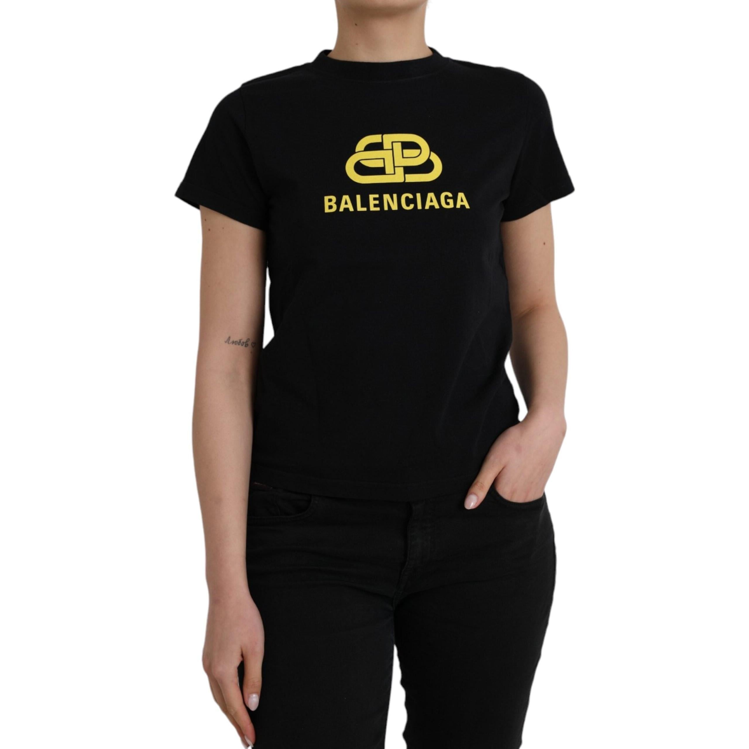 Balenciaga Black Cotton Logo Print Crew Neck Short Sleeves T-Shirt