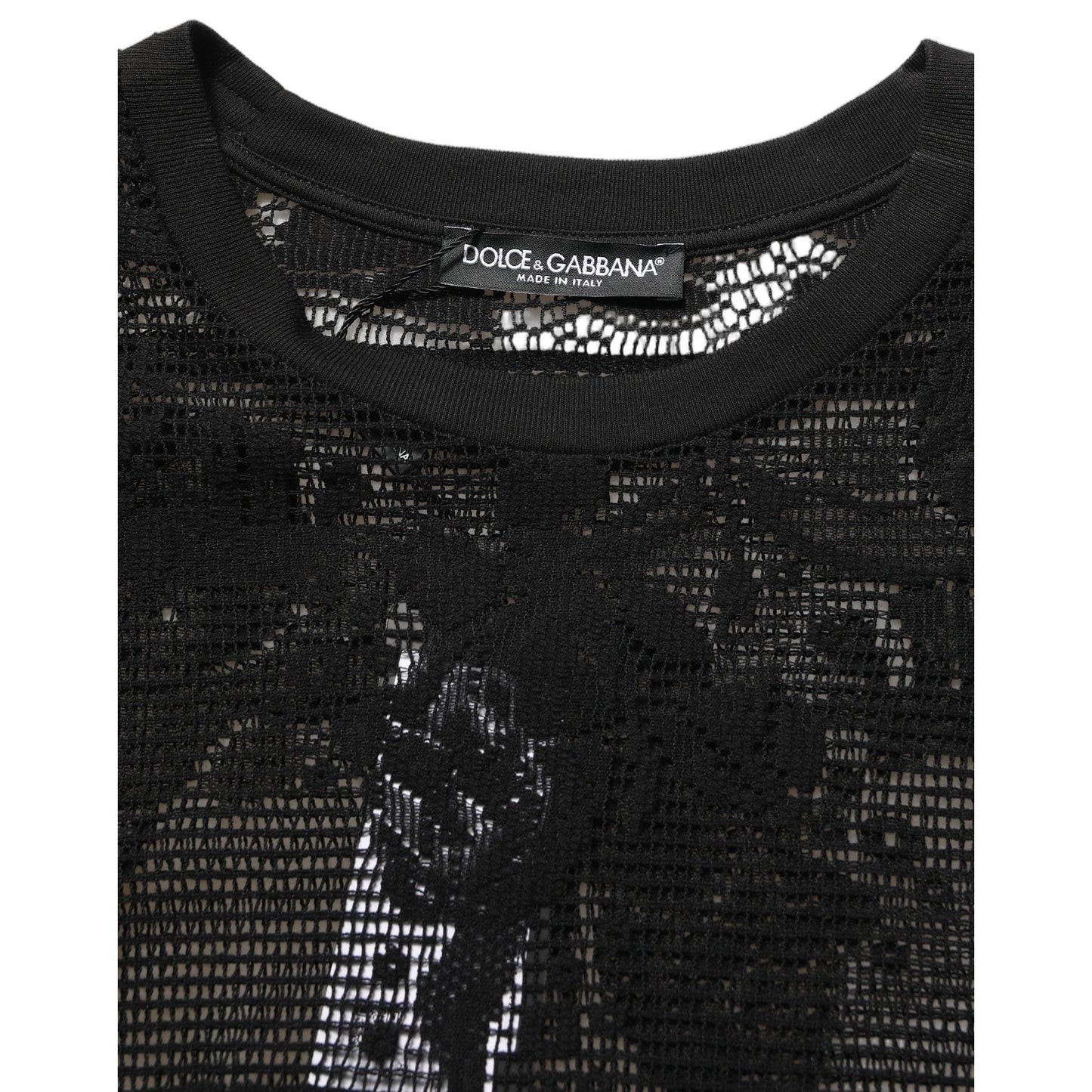 Dolce & Gabbana Black Cotton Floral Lace Crew Neck T-shirt
