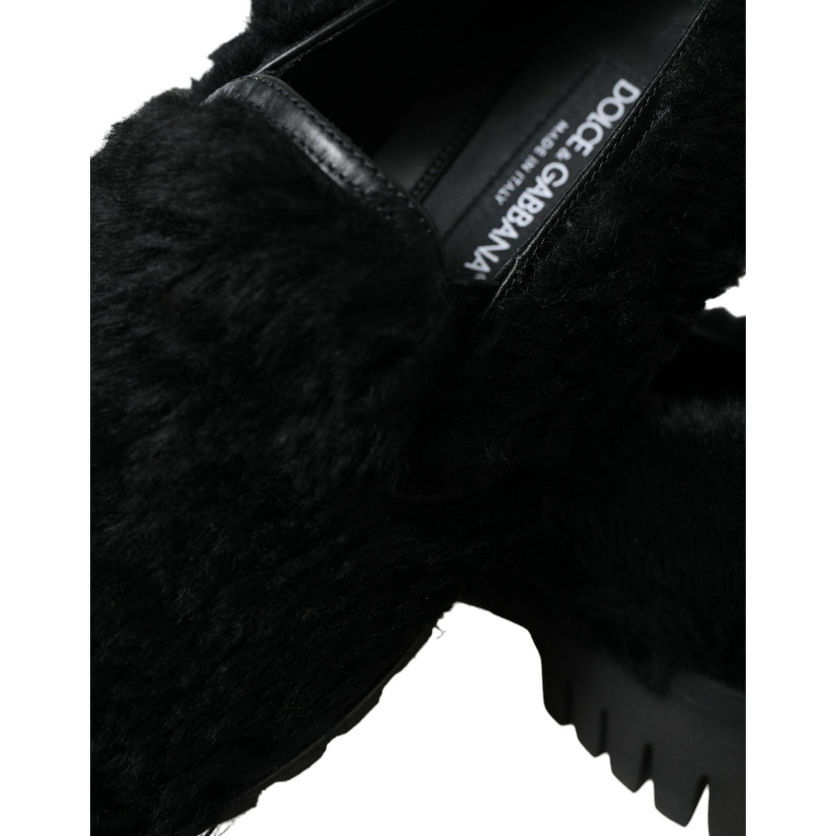 Dolce & Gabbana Black Fur Leather Slippers Dress Shoes