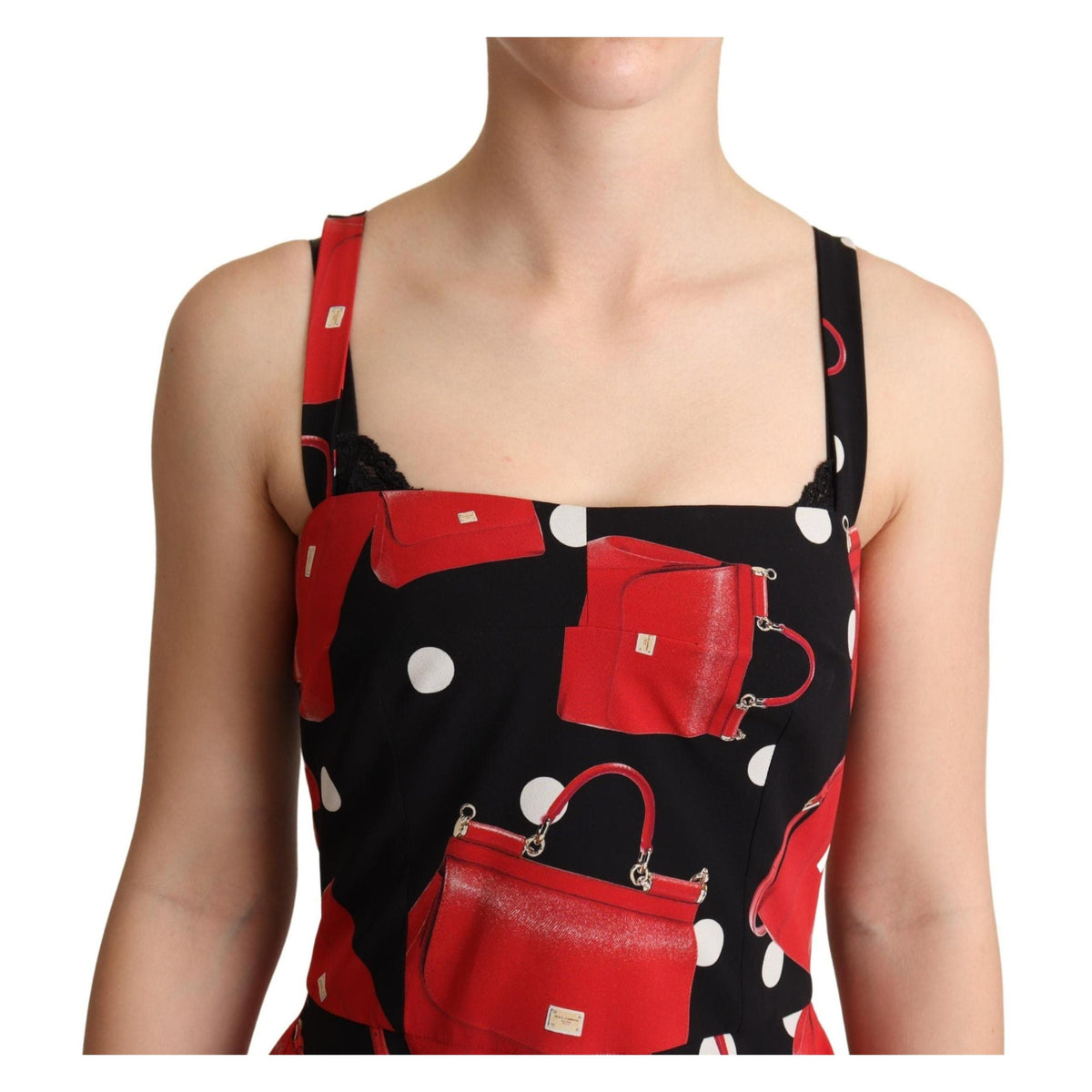 Dolce & Gabbana Black Red Bag Print A-line Mid Length Dress