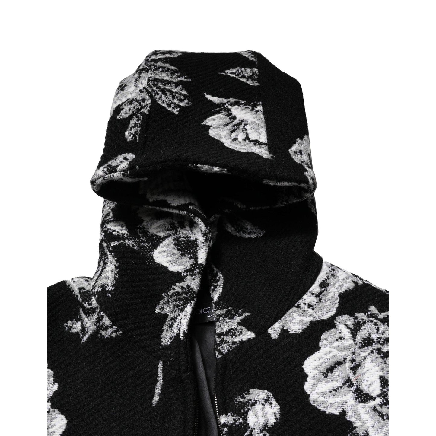 Dolce & Gabbana Black Wool Floral Printed Men Hooded Jacket
