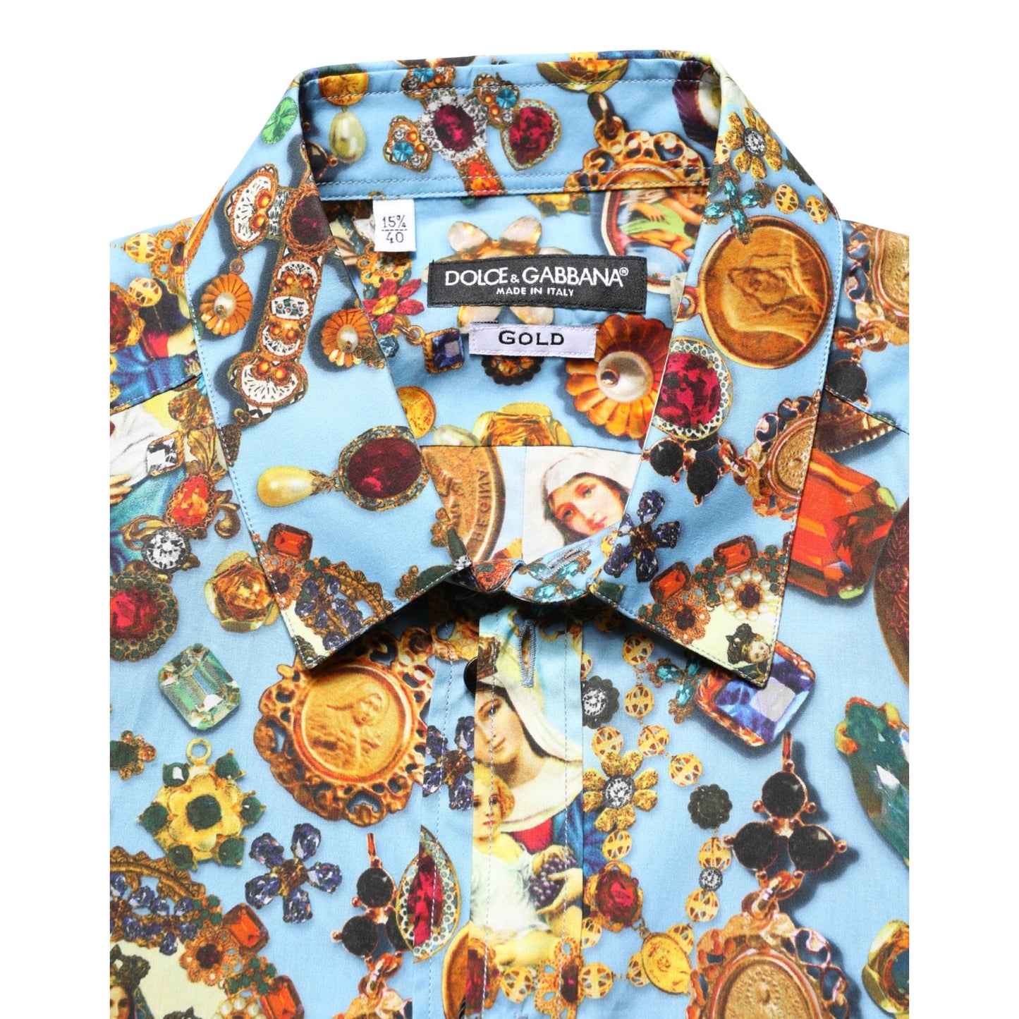 Dolce & Gabbana Blue Cotton Jewel Print Button Down GOLD Shirt