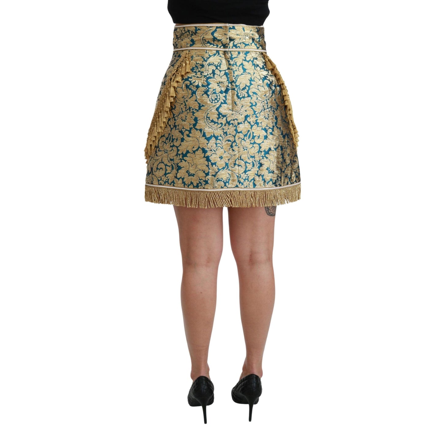Dolce & Gabbana Blue High Waist Jacquard Tassel Gold Skirt