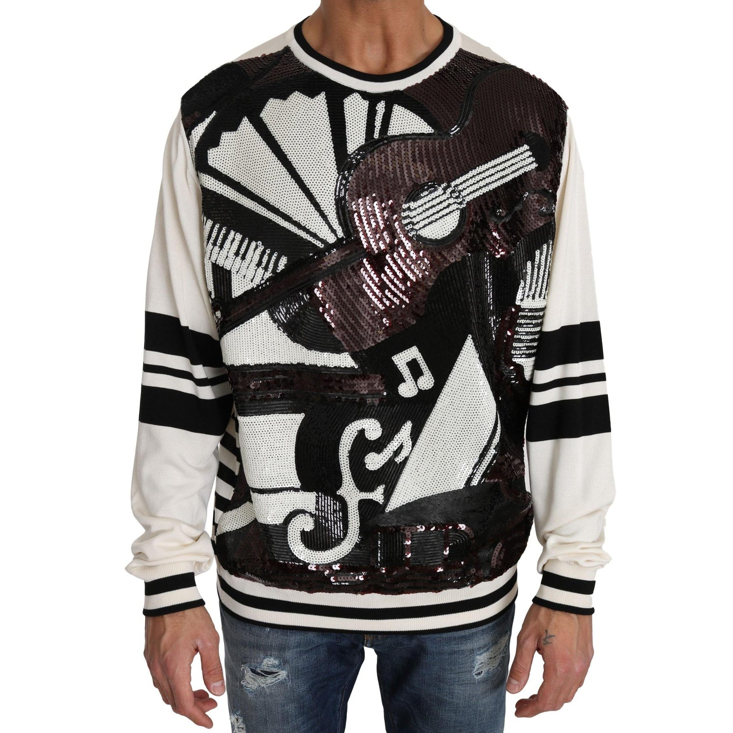 Dolce & Gabbana White Jazz Sequined Guitar Pullover Top Sweater