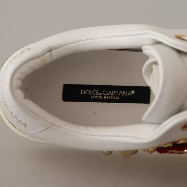 Dolce & Gabbana White Leather Gold Red Heart Sneakers Shoes