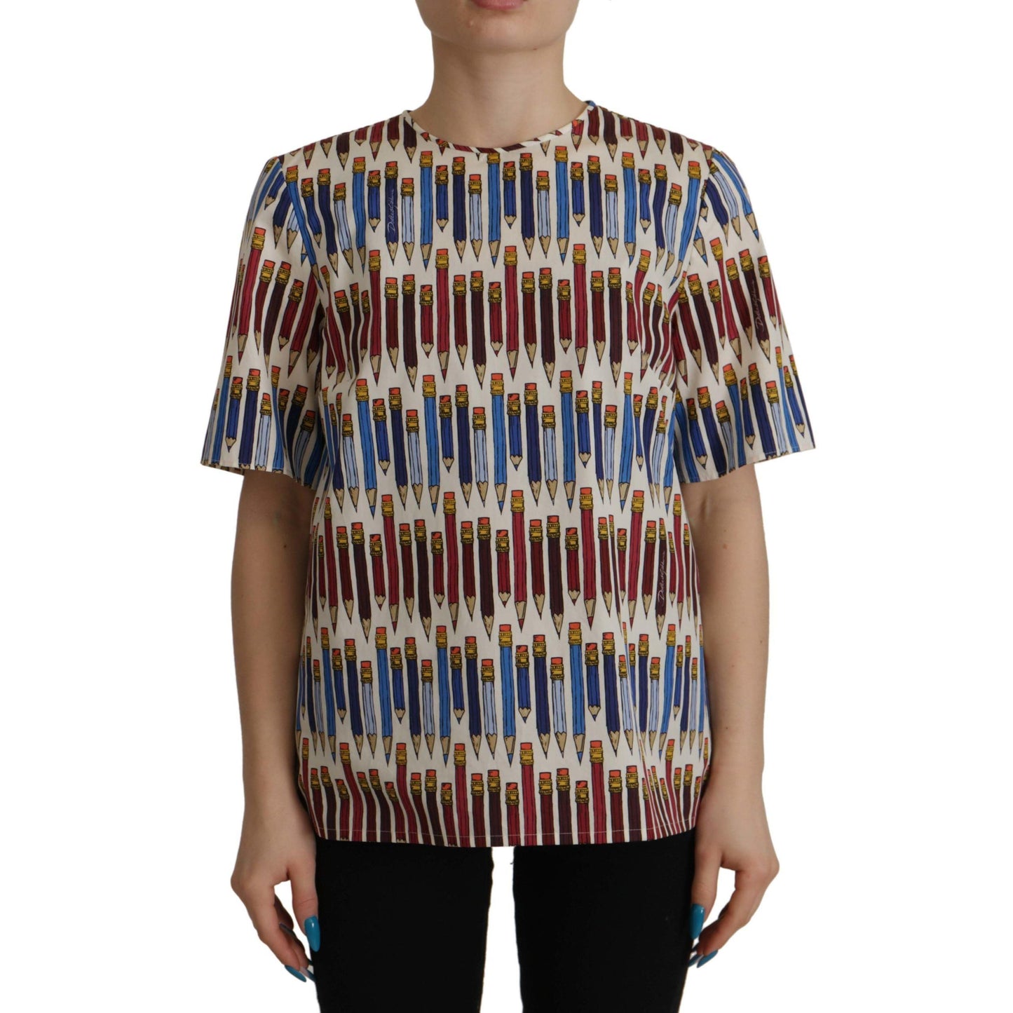 Dolce & Gabbana White Pencil Print Cotton T-shirt Blouse