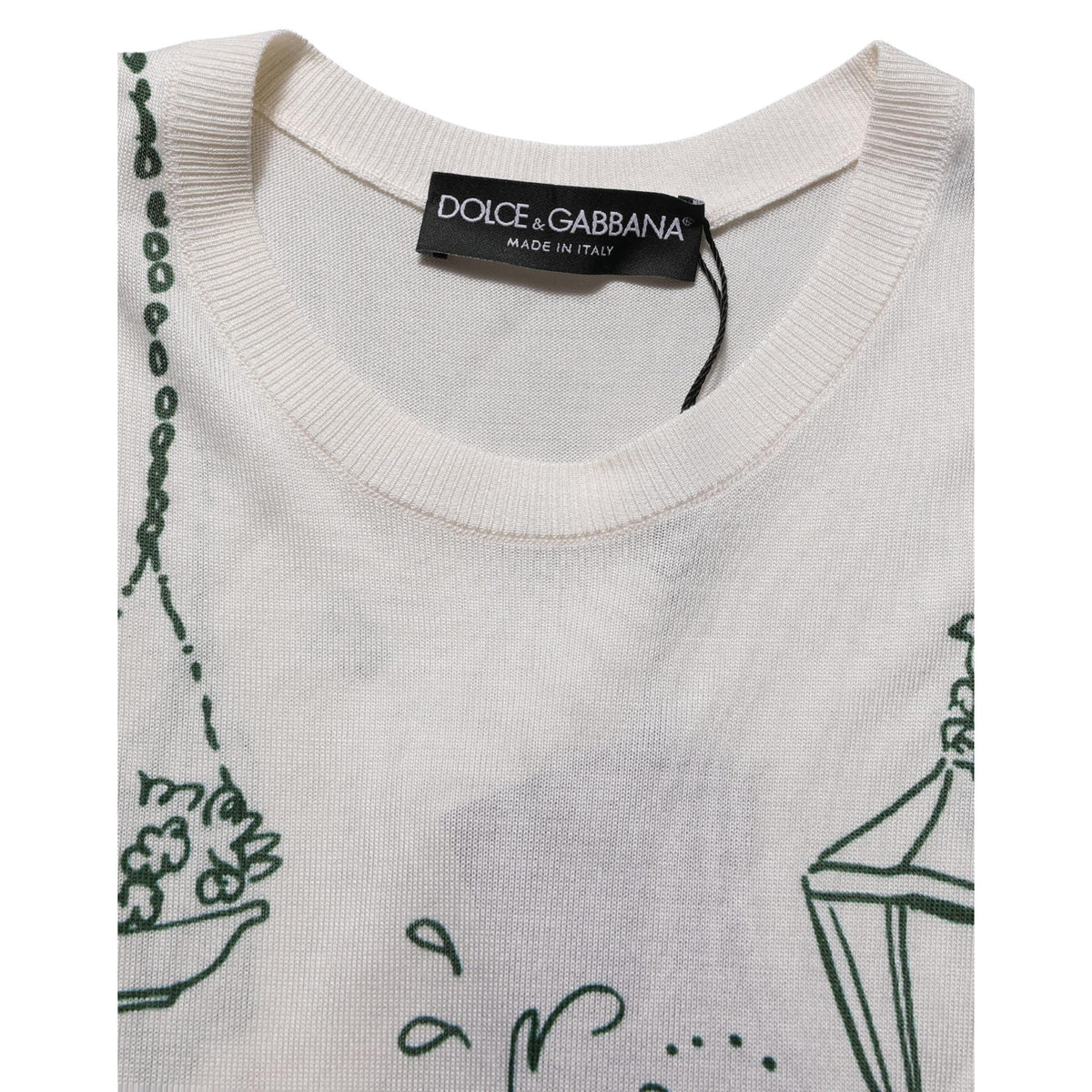 Dolce & Gabbana White Silk Knit Garden Fountain Print Tank Top