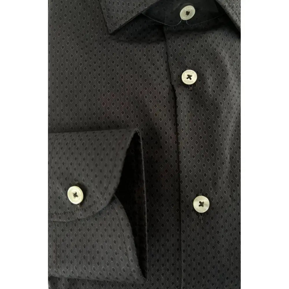 Baldinini Trend Gray Cotton Men’s Shirt with black fabric, subtle geometric dot pattern and cream buttons