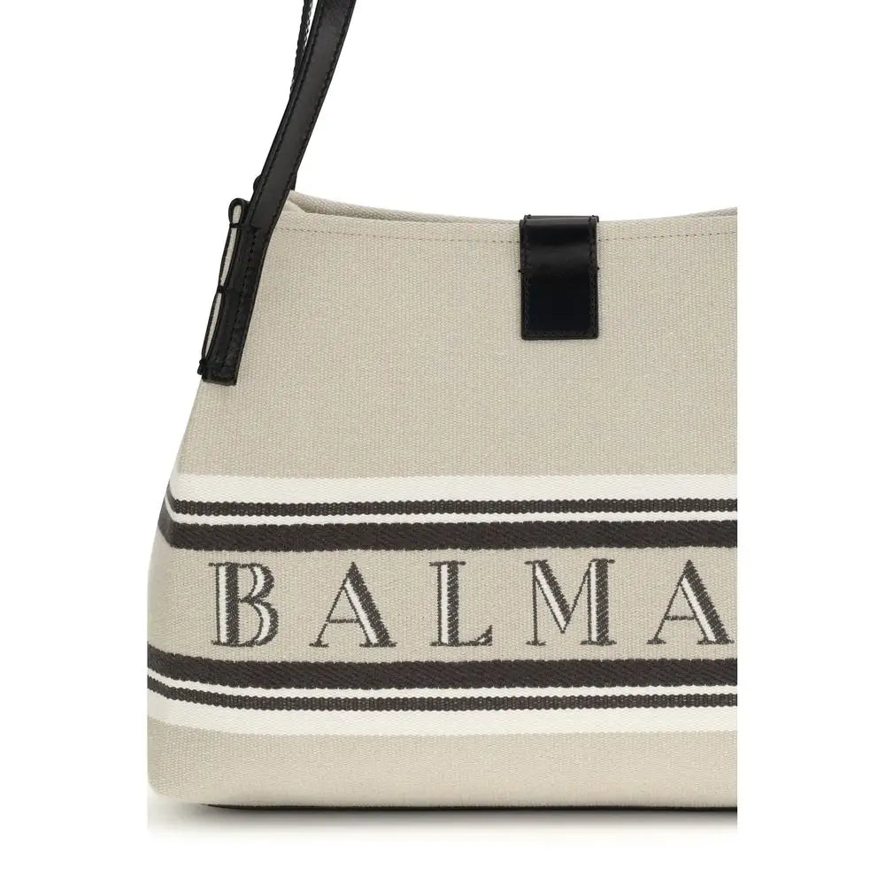 Balmain beige cotton skulderpose med sort-hvide striber og balma-logo