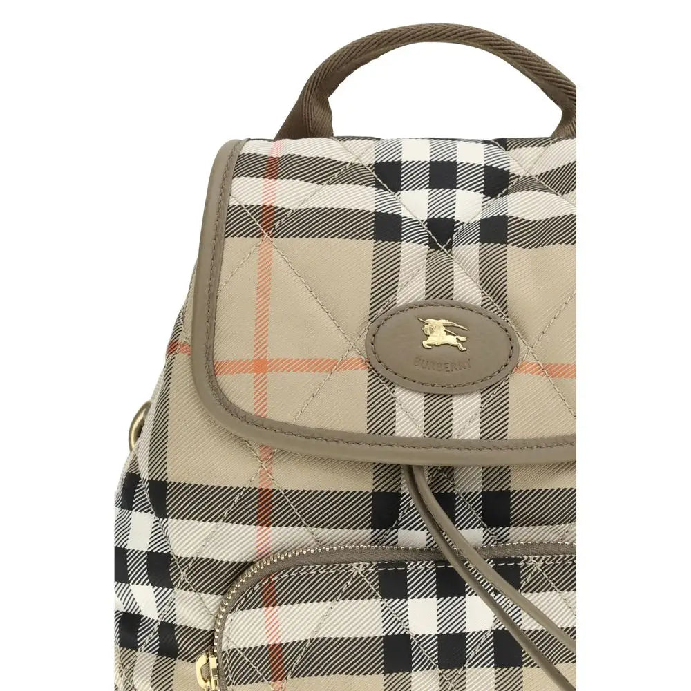 Burberry beige polyamide backpack med ternet mønster og læderdetaljer