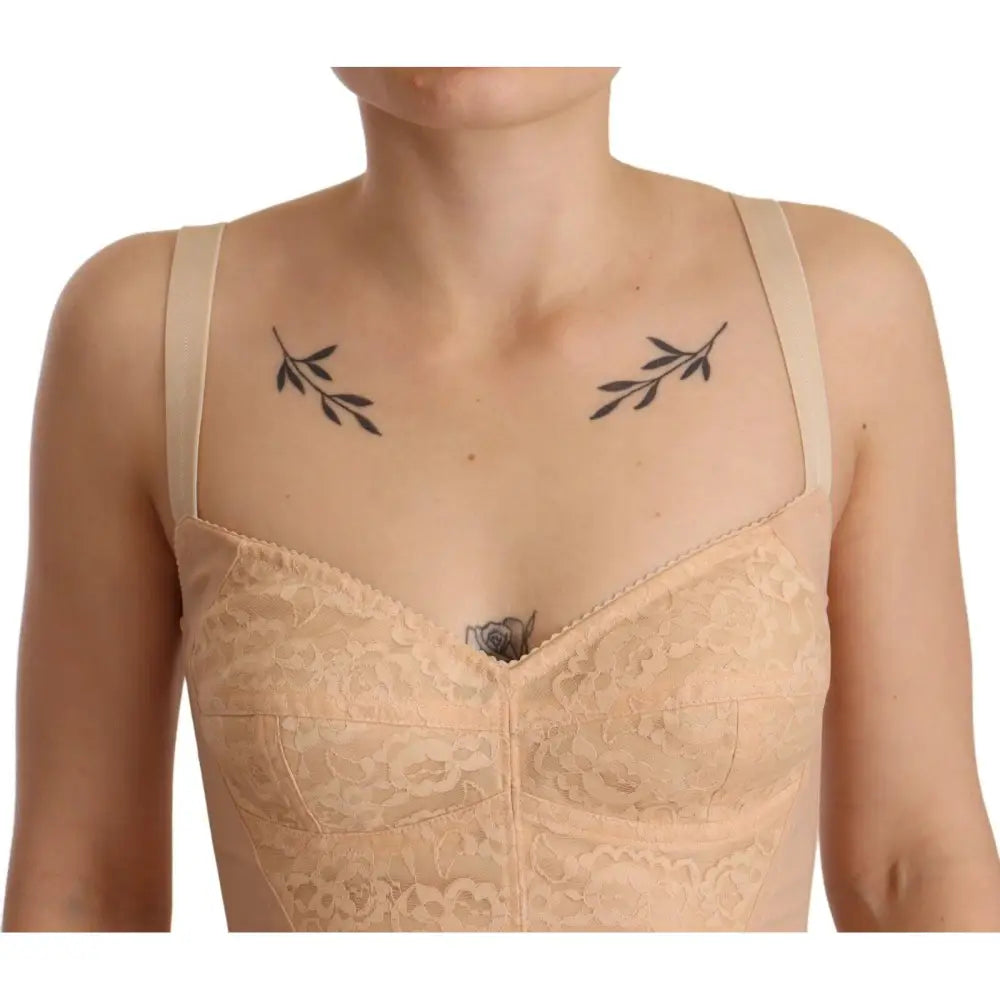 Dolce & Gabbana Beige Nylon Floral Lace Bodysuit Underwear