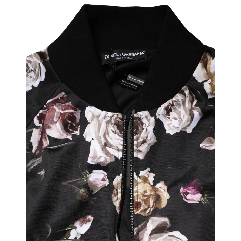 Dolce & Gabbana Black Floral Polyester Full Zip Bomber Jacket - Jakke