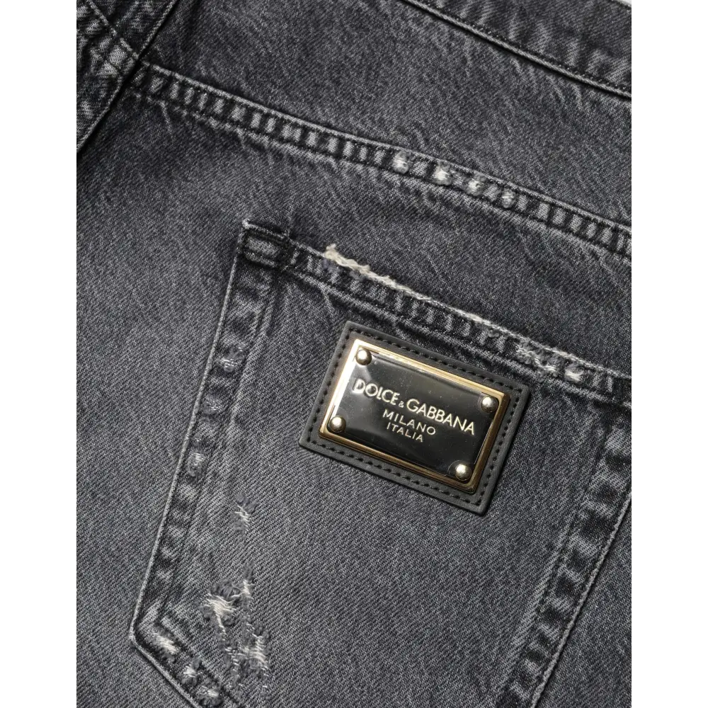 Dolce & Gabbana dark gray tattered cotton jeans with gold-tone plaque