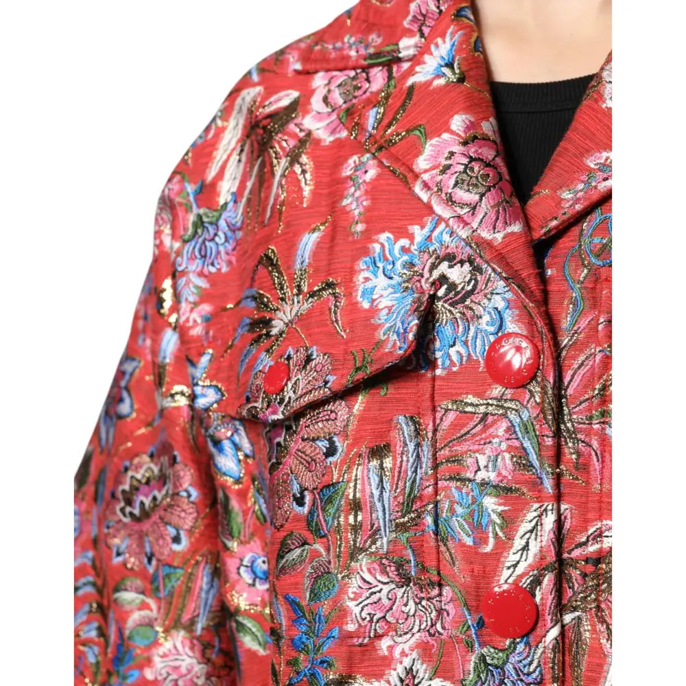 Dolce & Gabbana Red Floral Jacquard Button Down Coat Jacket