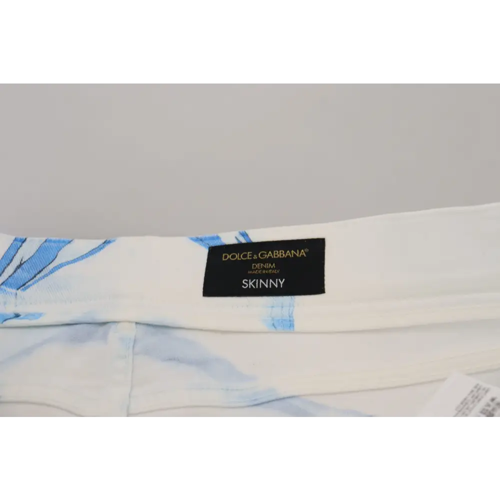 Dolce & Gabbana white blue denim cotton skinny jeans with floral pattern