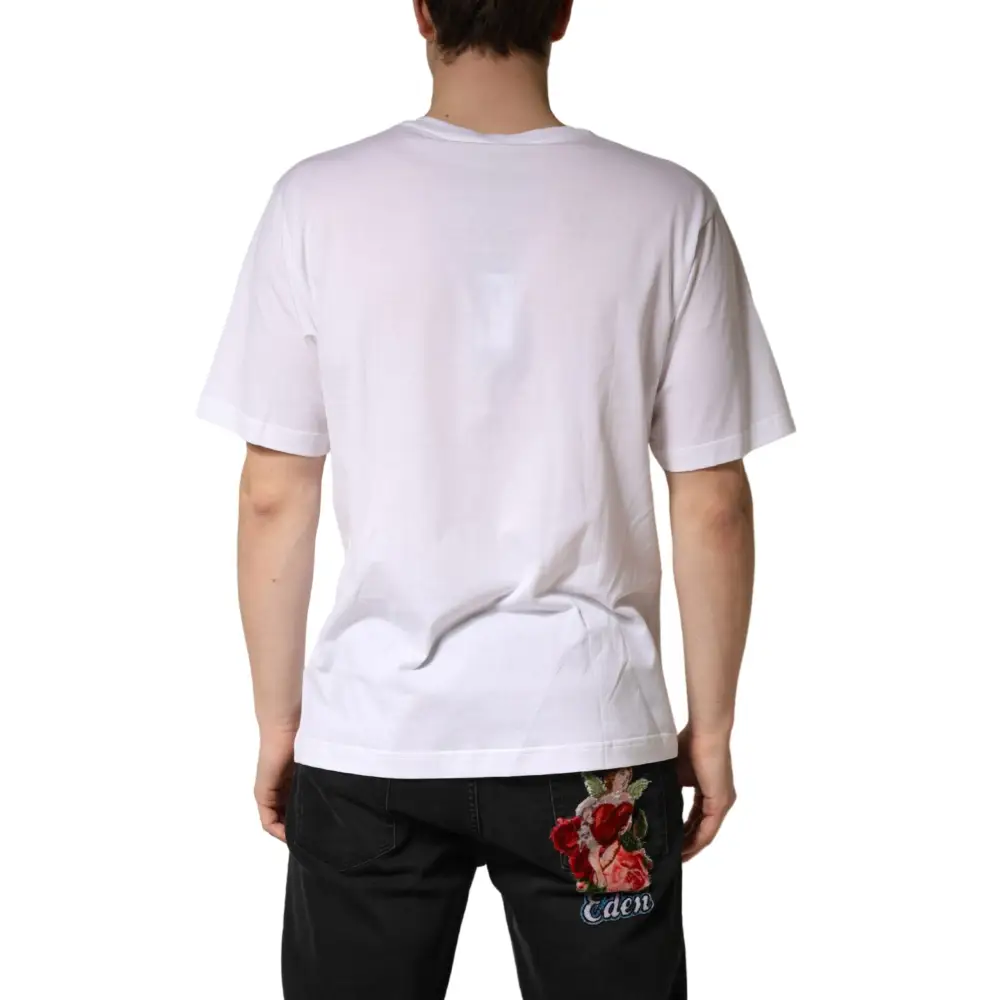 Dolce & Gabbana white cotton t-shirt with red rose and cherub embroidery