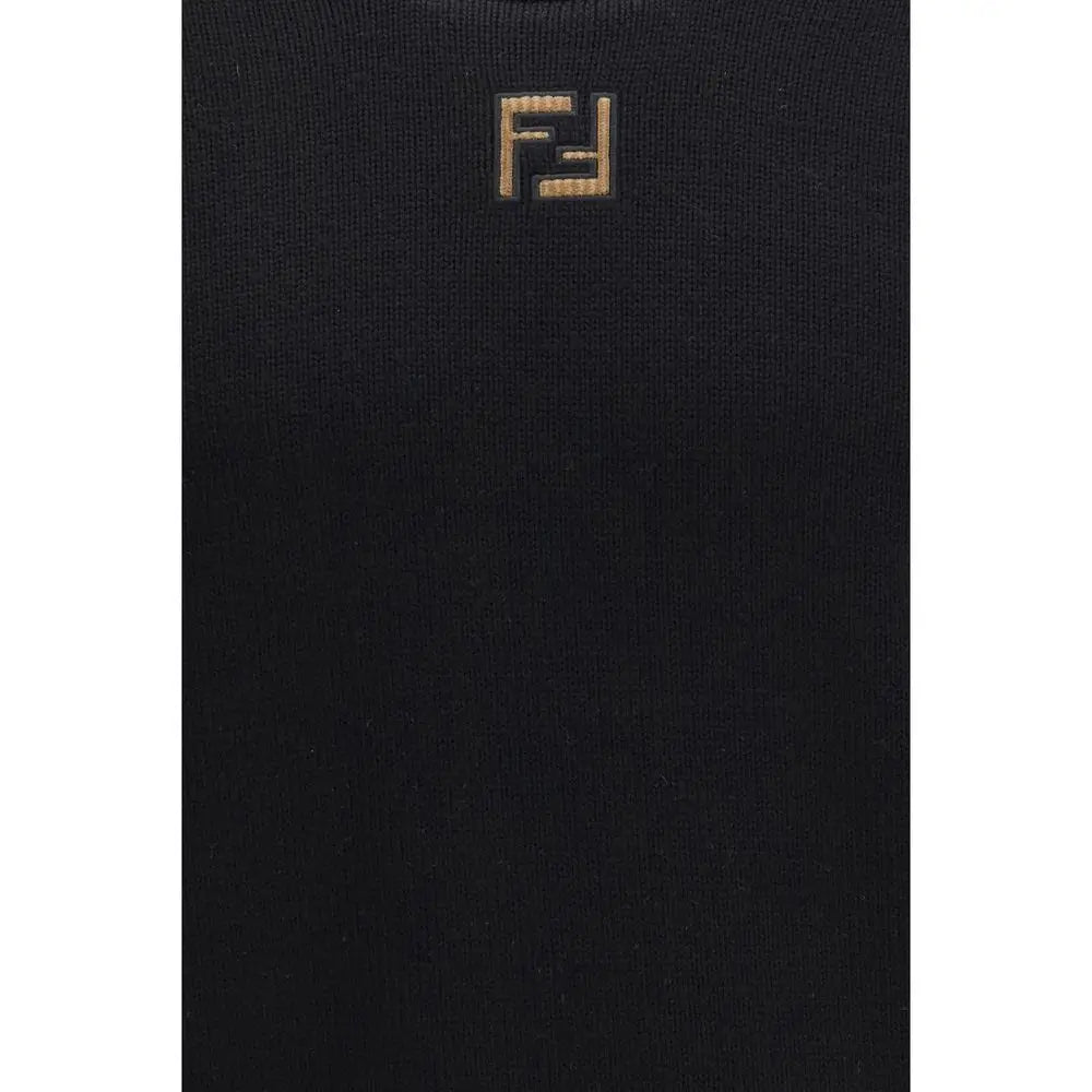 Fendi black fleece wool sweatshirt with gold-tone embroidered logo