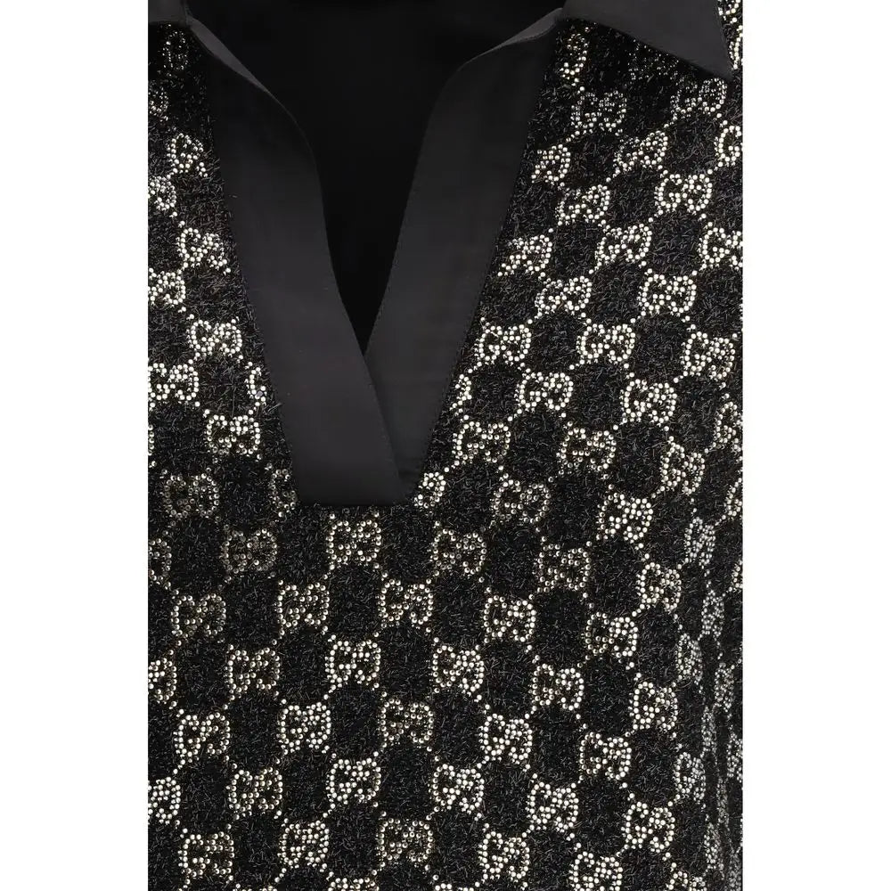 Sort Gucci sort viscose top med skinnende GG-monogram og perler, outlet mærkevarer