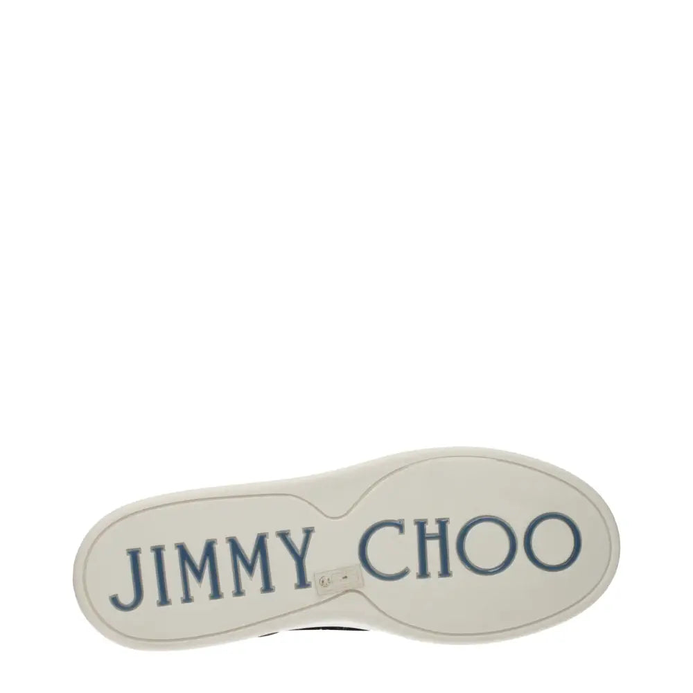 Jimmy choo beige leather low top sneakers with white rubber sole and dark blue logo