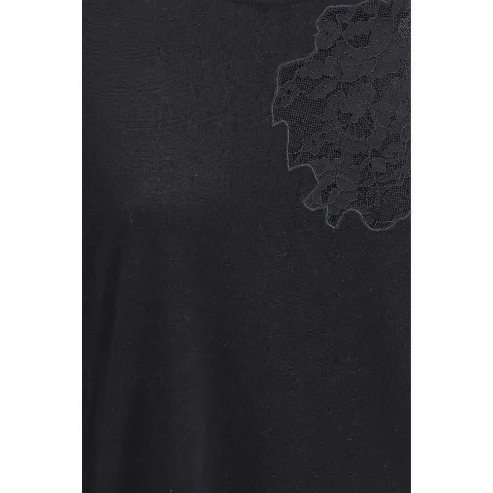 Max Mara black silk sweatshirt med sort blonderapplikation i hjørnet