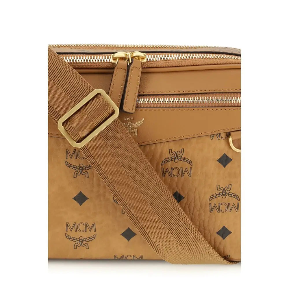 MCM beige fabric shoulder taske med tan læder og guld hardware
