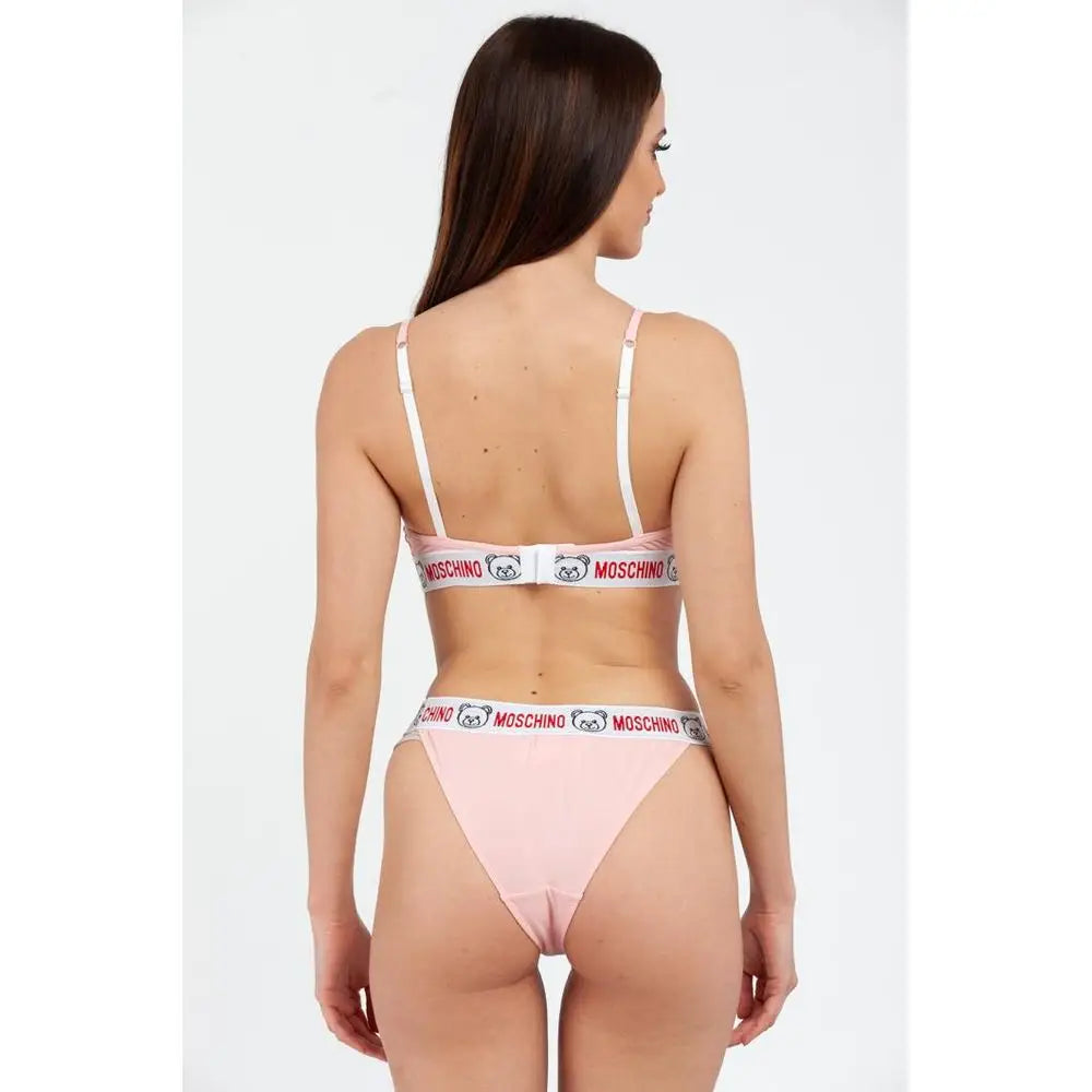 Pink Moschino bikini sæt med hvide bånd og rødt logo – spar 30–70% på mode