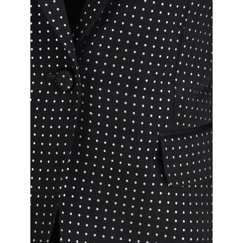 Tom Ford black silk coat med subtilt hvid prikket mønster