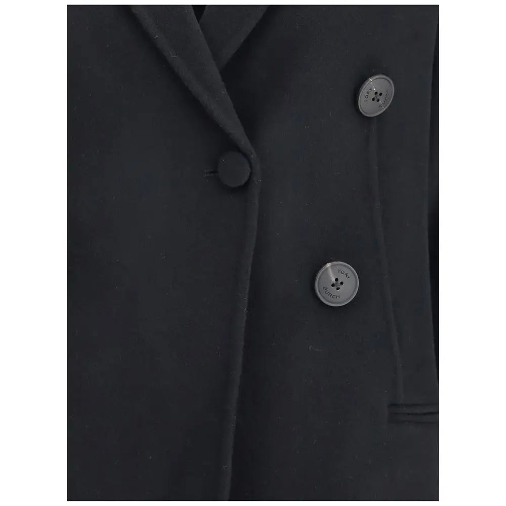 Sort Tory Burch classic uldfrakke i sort med sølvknapper og logo