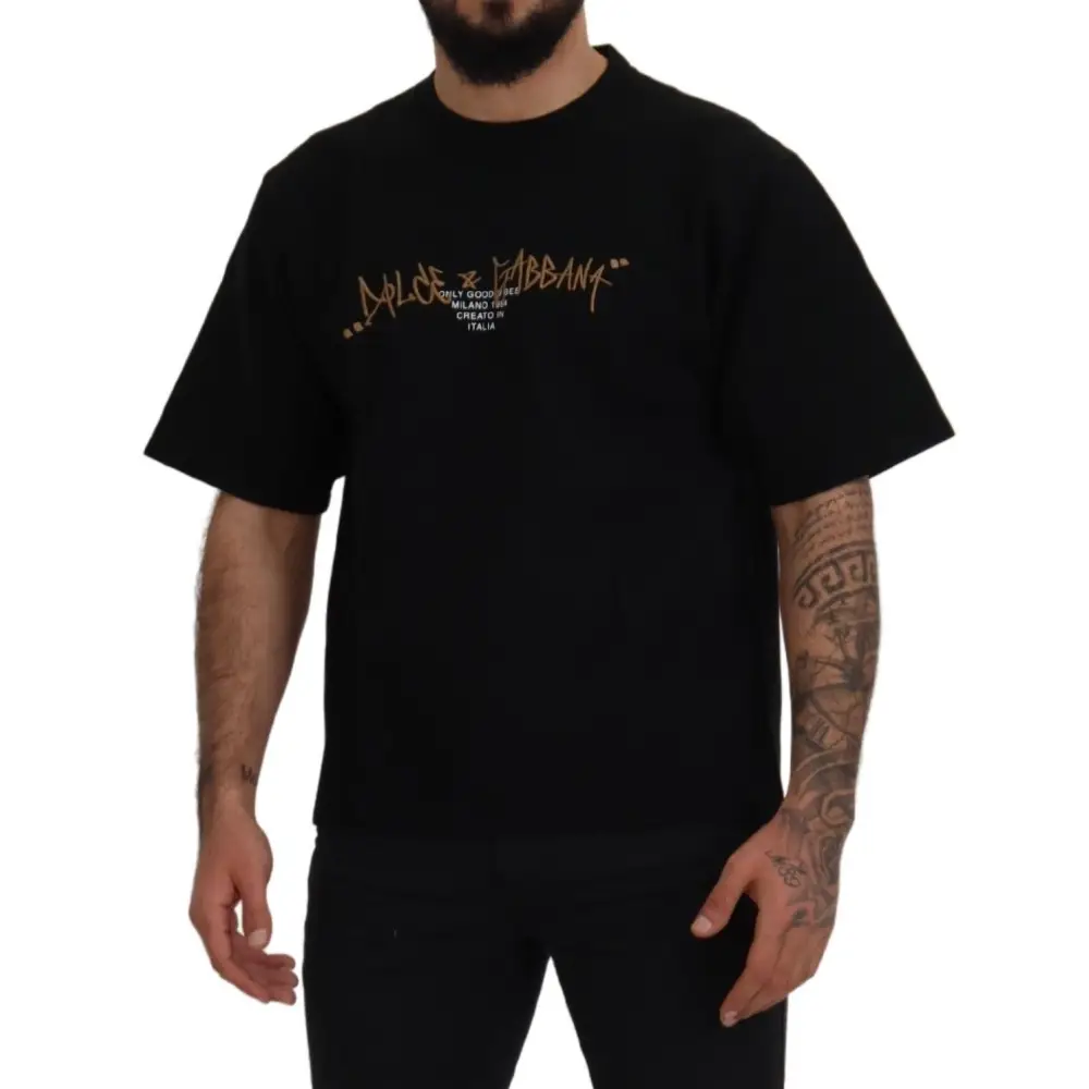 Sort Dolce & Gabbana sort T-shirt med guld graffiti-logo, outlet mærkevarer
