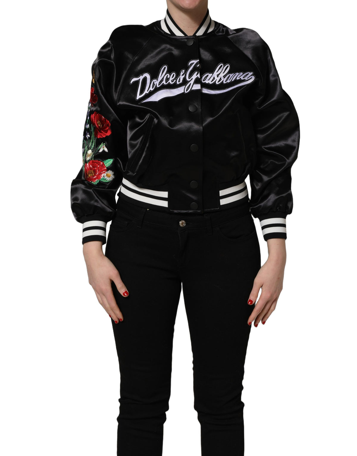 Dolce & Gabbana Black Satin Floral Embroidery Bomber Jacket