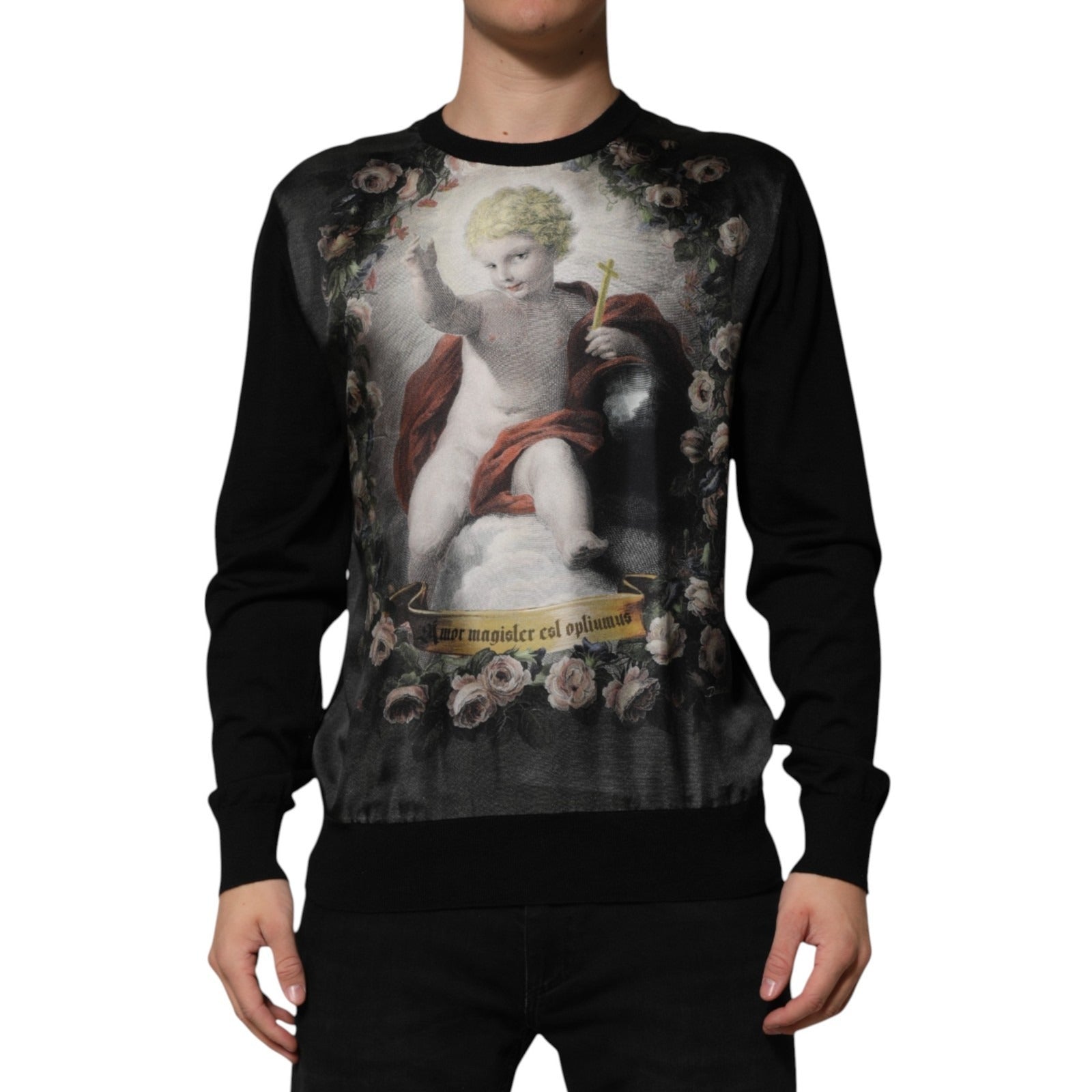 Sort Dolce & Gabbana-sweater i cashmere med cherubprint