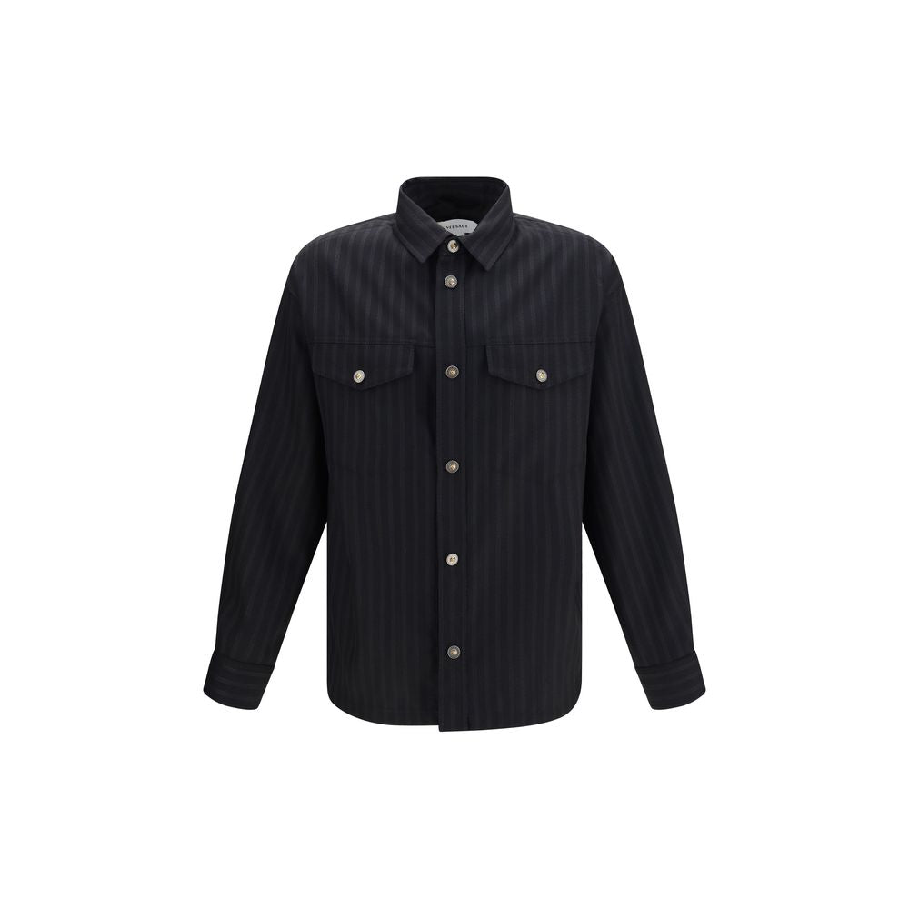 Versace sort skjorte i merinould med Greca Monogram-jacquard
