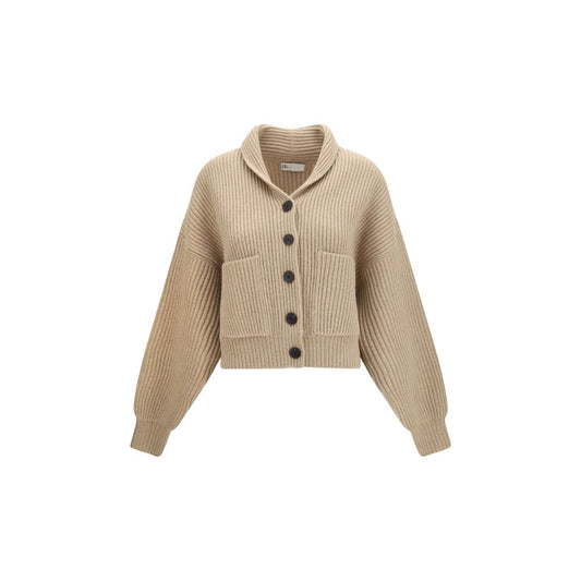 Tory Burch kort ribstrikket cardigan i merinould – beige