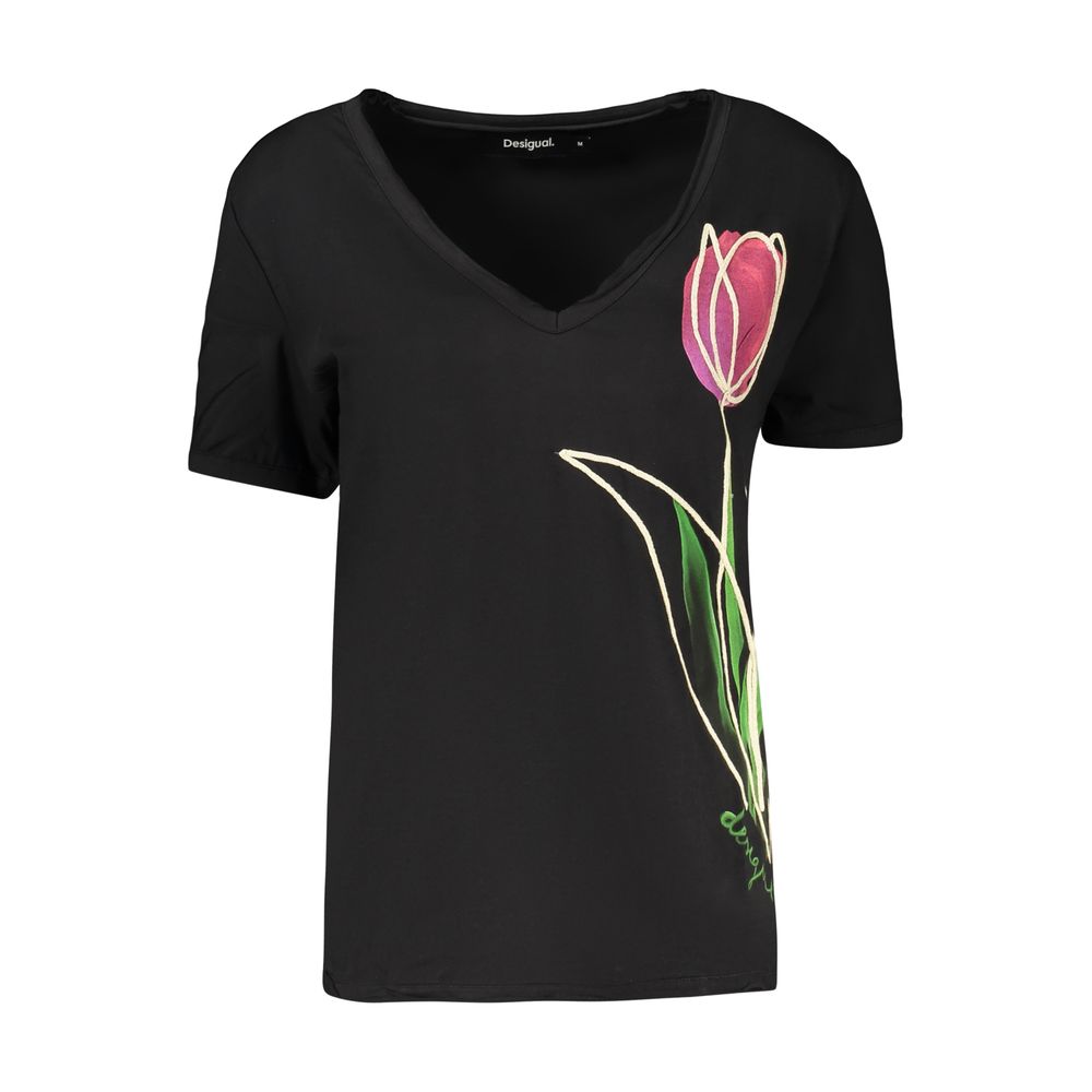 Desigual T-shirt med tulipanprint og broderi – sort