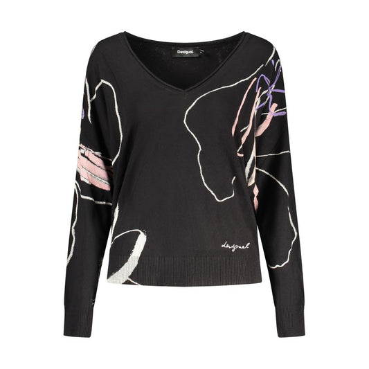 Desigual sweater med V-hals og broderi til kvinder – sort