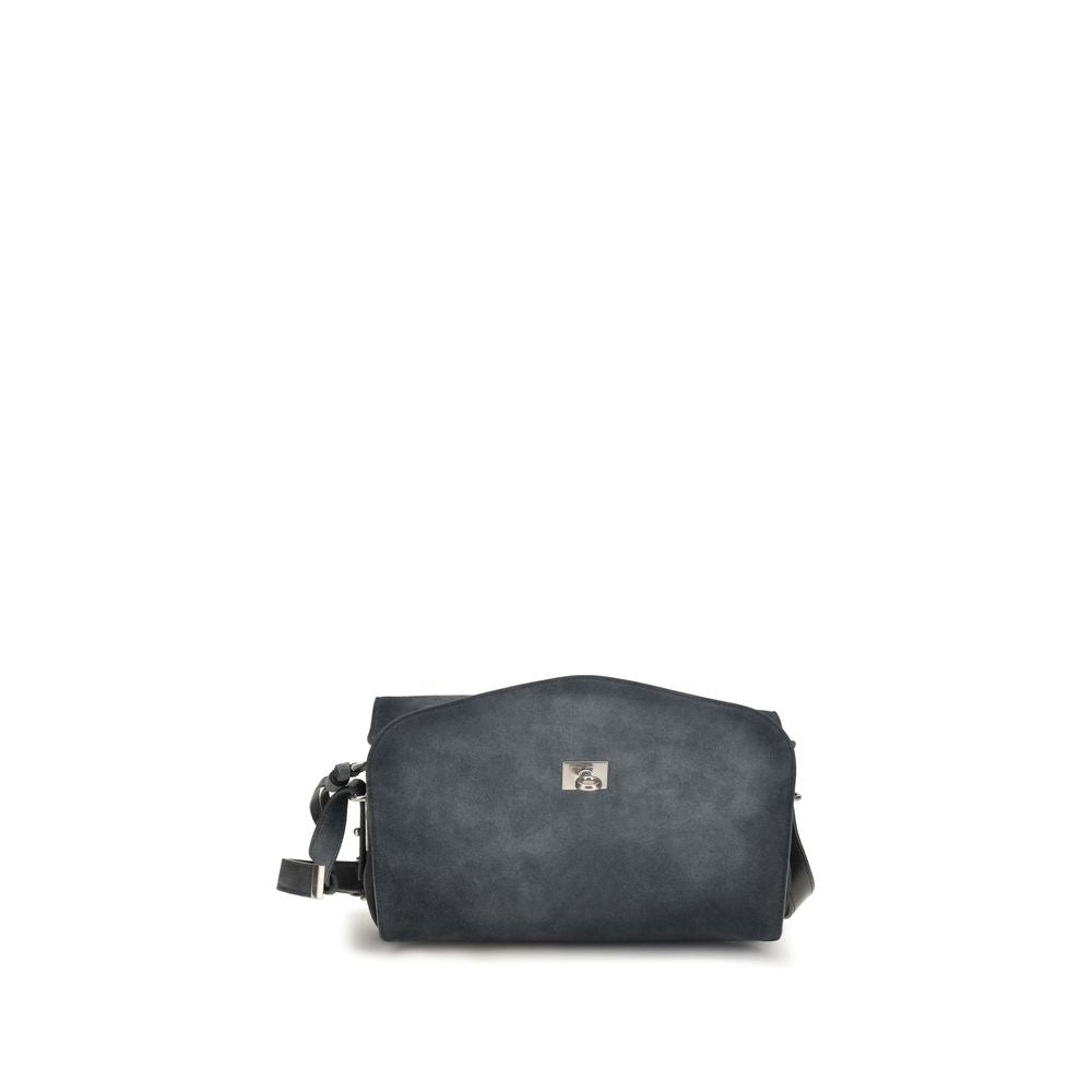 Mørkeblå Balenciaga skuldertaske i ruskind med metallås, set forfra