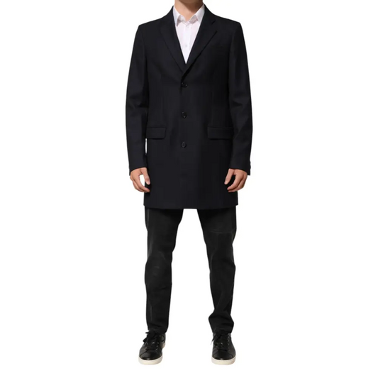 Dolce & Gabbana dark blue wool overcoat med tre knapper og klaffelommer