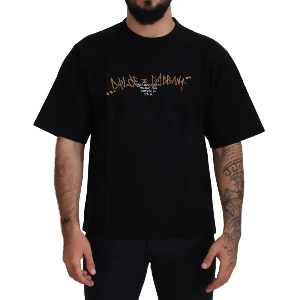 Sort Dolce & Gabbana sort T-shirt med guldfolie Milano 1985, outlet mærkevarer