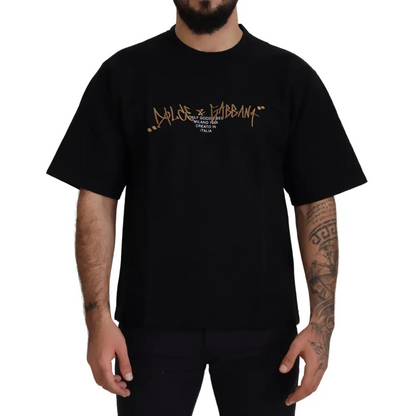 Sort Dolce & Gabbana sort T-shirt med guldfolie Milano 1985, outlet mærkevarer