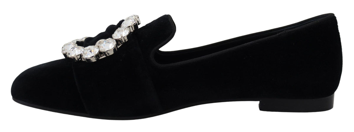 Dolce & Gabbana sorte fløjlsloafers med klare krystaller