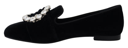 Dolce & Gabbana sorte fløjlsloafers med klare krystaller