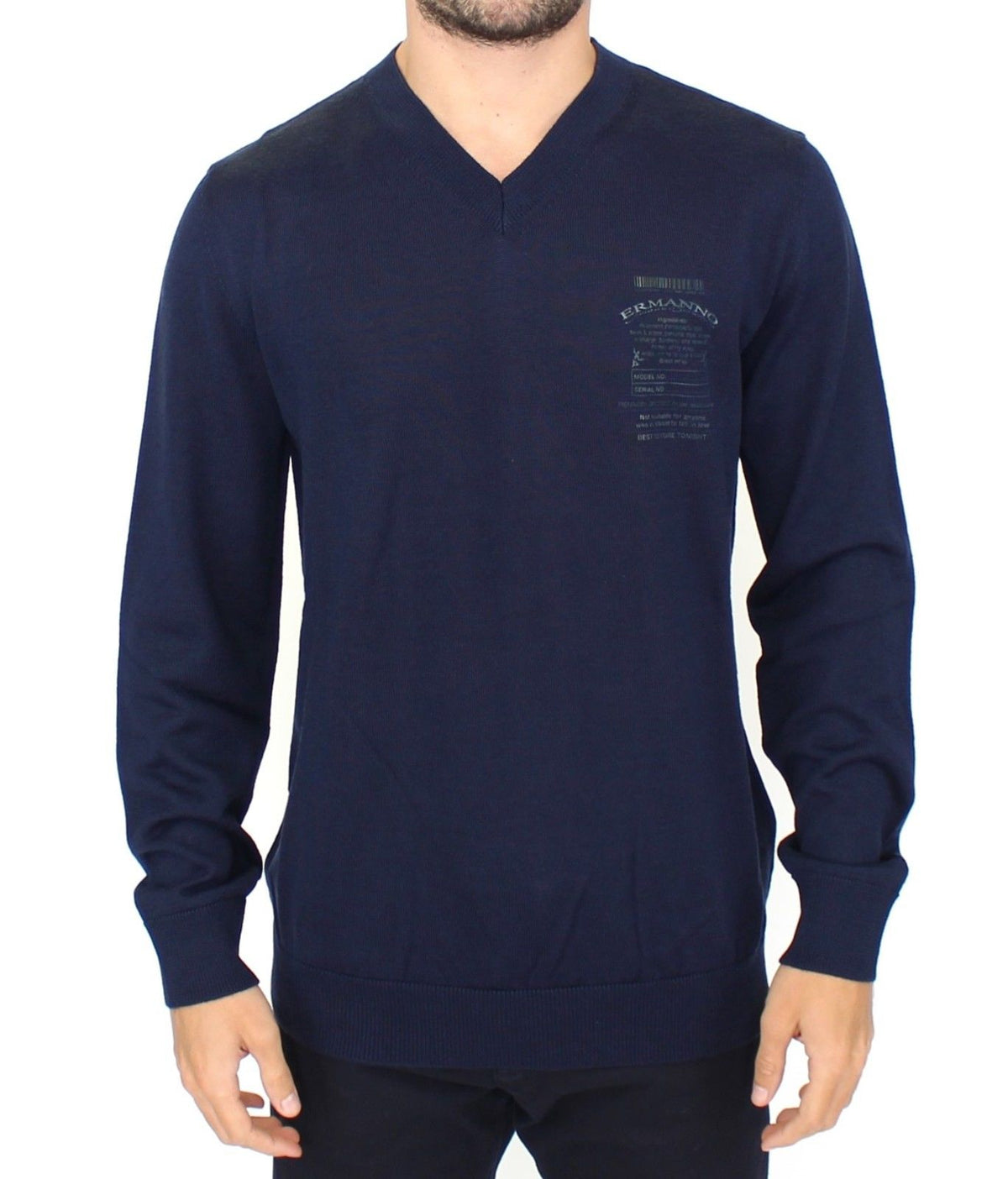 Blå Ermanno Scervino V-hals pullover i akryl og uld