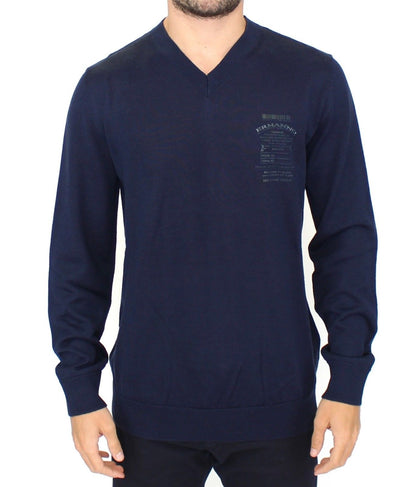 Blå Ermanno Scervino V-hals pullover i akryl og uld