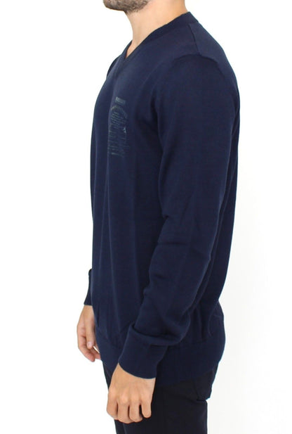 Blå Ermanno Scervino V-hals pullover i akryl og uld