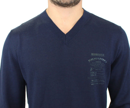 Blå Ermanno Scervino V-hals pullover i akryl og uld