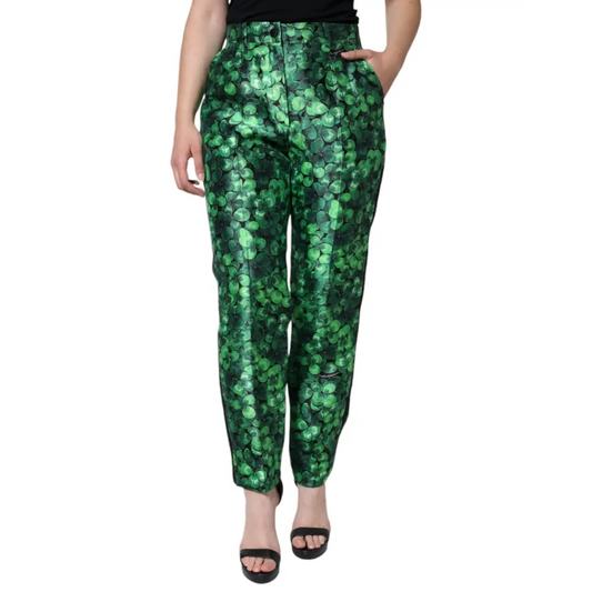 Dolce & Gabbana grønne kløver silke satin høj talje bukser, outlet mærkevarer