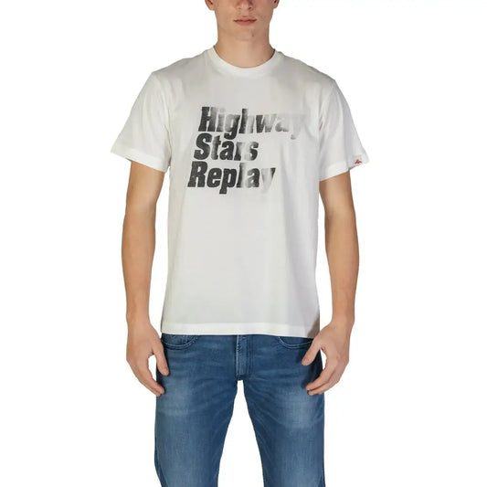 Replay white cotton t-shirt med highway stars replay grafik foran